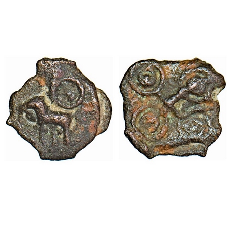 Kaushambi Region, Cast Copper, 0.94g. 10-11mm, Obv: Elephant walking to left above wheel, 