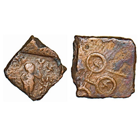 Ujjain, 200-100 BC, Copper Unit, 4.27g, 15-14mm, Obv: Frontally standing female figure hol