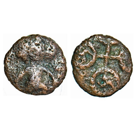 Post Mauryan Period, Ujjaini Region, Copper, 1.69g, 10.84 x 10.75mm, Obv: Three headed fig