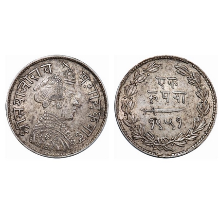 Baroda, Silver Rupee, 11.36g, Sayaji Rao III, VS 1951, Portrait of Sayaji Rao on obverse. 