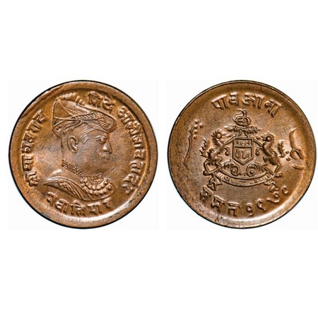 Gwalior, Copper ¼ Anna, 6.94g, Madhav Rao Sindhia, thin Planchet, Obv: Portrait of King, R