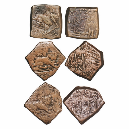 Lunawada, Square Copper Paisa (3 coins), Wakhat Singhji (VS 1924-1986/ 1867-1929AD), diffe