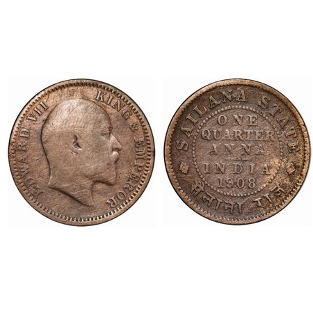 Sailana, Copper 1/4 Anna, 4.45g, Jaswant Singh (1890-1919 AD), 1908 AD, bust of Edward VII