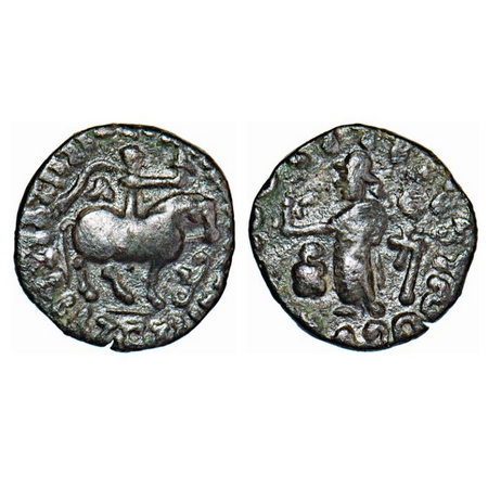 Indo Scythians, Azes I, Silver Drachm, 2.28g, 13-13mm, Obv: King holding whip, mounted on 