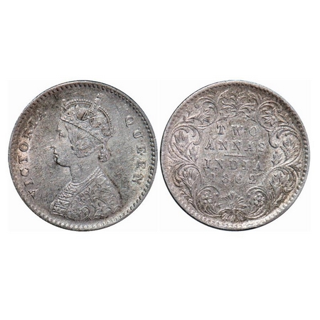 Victoria Queen, Silver, 2 Annas, 1862, Calcutta Mint, A/I, Bottom Flower Top 3 Petals same