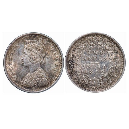 Victoria Queen, Silver, 2 Annas, 1862, Bombay Mint, A/I, Bottom Flower top 3 petals same s