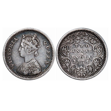 Victoria Queen, Silver, 2 Annas, 1874, Bombay Mint, A/I, No mint mark, no dot, GK-738, Ver