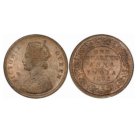 Victoria Queen, Copper, Quarter Anna, 1862, Madras Mint, A/I, No Mint Mark, No Privy Mark,