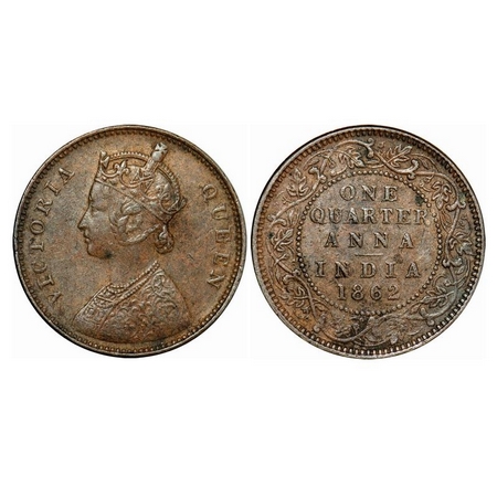 Victoria Queen, Copper, Quarter Anna, 1862, Madras Mint, A/I, No Mint Mark, No Privy Mark.