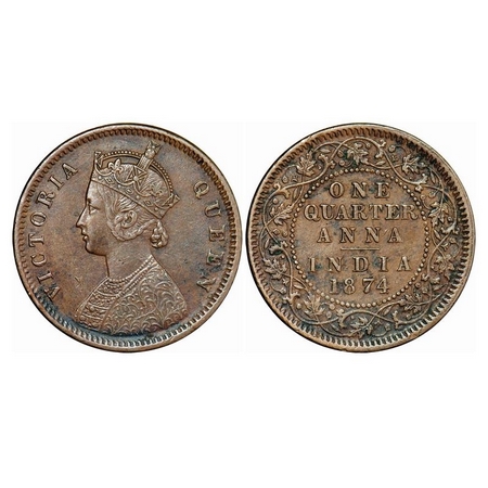 Victoria Queen, Copper, Quarter Anna, 1874, Calcutta Mint, B/II, No Mint Mark, GK 823, Abo