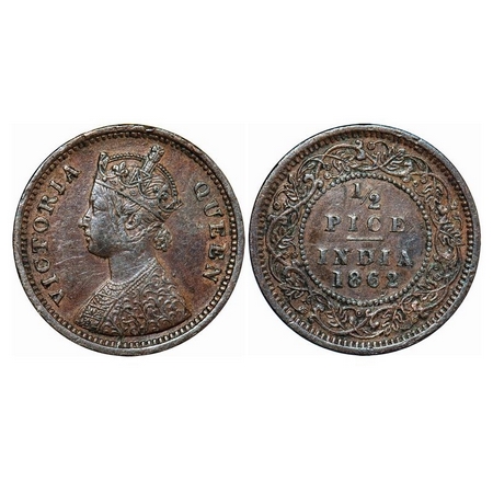 Victroria Queen, Copper, ½ Pice, 1862, Calcutta Mint, A/I, The Queens Jabot has 4 Panels, 