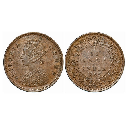 Victoria Queen, Copper, 1/12 Anna, 1862, Madras Mint, A/I. GK 405. Extremely Fine+. Scarce