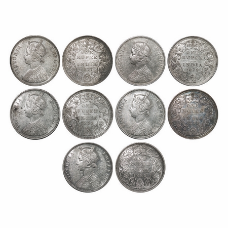 Victoria Empress, Silver, Rupee, (5 Coins), 1) 1877, Bombay Mint, A3/II, Dot, 2) 1878, Bom