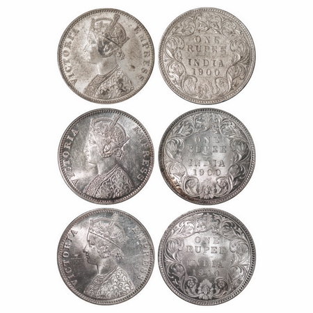 Victoria Empress, Silver, Rupee (3 coins), 1900, Bombay Mint, A3(i)/I(ii), 'B' incused. GK