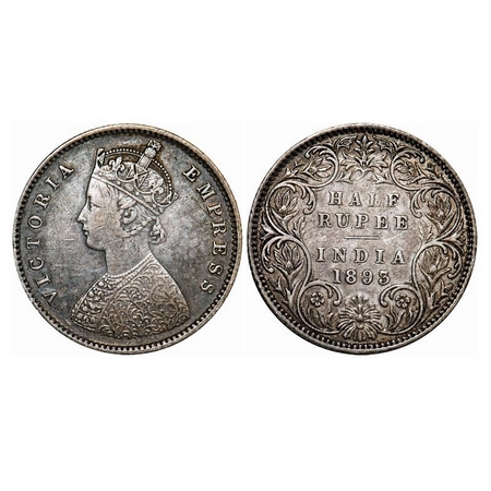 Victoria Empress, Silver, Half Rupee, 1893, Bombay Mint, A/I, 'B' incused. GK 648. About E