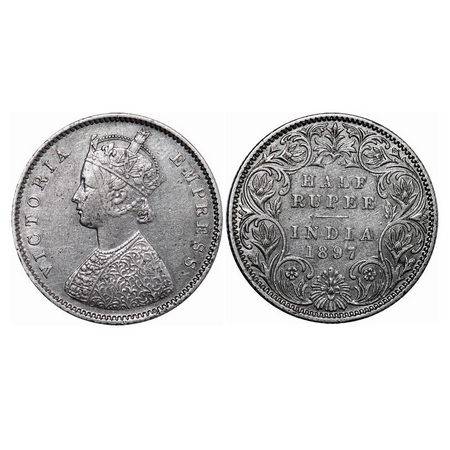 Victoria Empress, Silver, Half Rupee, 1897, Bombay Mint, A/I, 'B' incused. GK 655. Very Fi