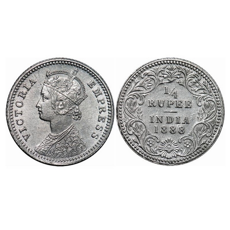 Victoria Empress, Silver, ¼ Rupee, 1888, Calcutta Mint, C/II, No mint mark, No 'C'. GK 713