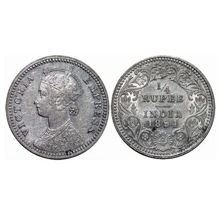 Victoria Empress, Silver, ¼ Rupee, 1894, Calcutta Mint, C/II, 'C' incused. GK 727. Extreme