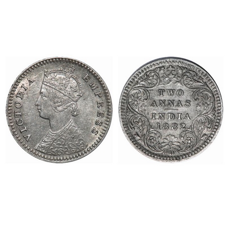 Victoria Empress, Silver, 2 Annas, 1882, Calcutta Mint, B/II, 'C' incused. GK 763. Almost 