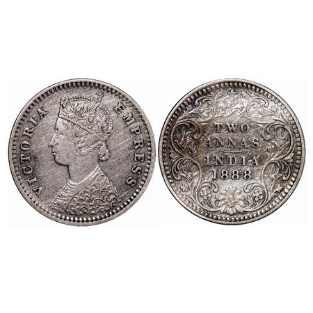Victoria Empress, Silver, 2 Annas, 1888, Bombay Mint, B/II, 'B' incused. GK 785. Very Fine