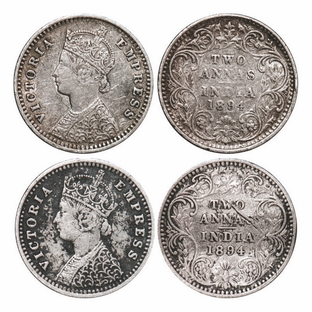Victoria Empress, Silver, 2 Annas, 1894 (2 coins), Bombay Mint, B/II, 'B' incused. GK 801(