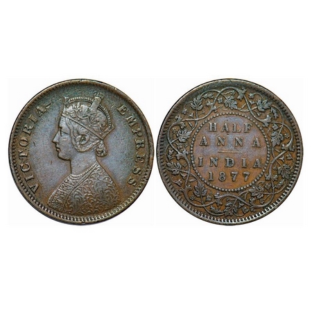 Victoria Empress, Copper, Half Anna, 1877, Calcutta Mint, C/II, Numeral 77 broad, The Quee