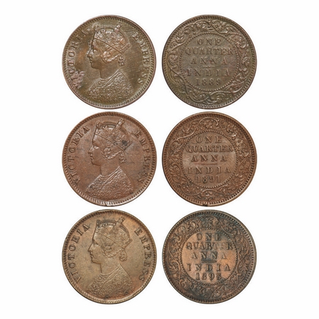 Victoria Empress, Copper, Quarter Anna (3 coins), 1) 1889, Bombay Mint, B/I, No Mint Mark.