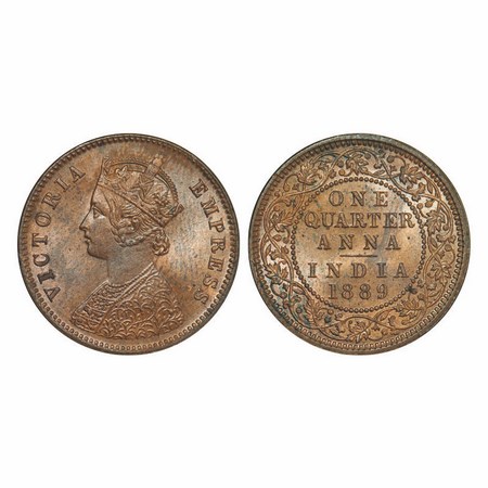 Victoria Empress, Copper, Quarter Anna, 1889, Calcutta Mint, B/II, No Mint Mark. GK 848. B