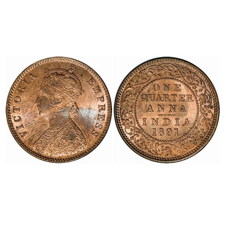 Victoria Empress, Copper, Quarter Anna, 1891, Calcutta Mint, B/II, No Mint Mark. GK 850. B