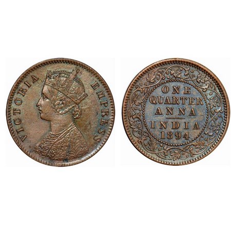 Victoria Empress, Copper, Quarter Anna, 1894, Calcutta Mint, B/II, No Mint Mark, GK 853, U