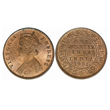 Victoria Empress, Copper, Quarter Anna, 1901, Calcutta Mint, B/II, No Mint Mark, Die Crack