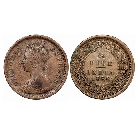 Victoria Empress, Copper, ½ Pice, 1886, Calcutta Mint, A/I, No mint mark. Mis aligned Die.
