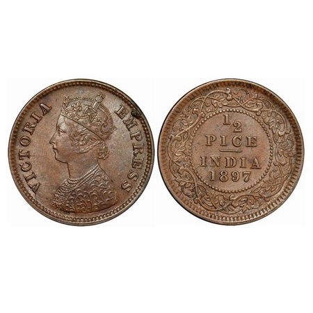 Victoria Empress, Copper, ½ Pice, 1897, Calcutta Mint, A/I, No Mint Mark, Multiple Die Cra