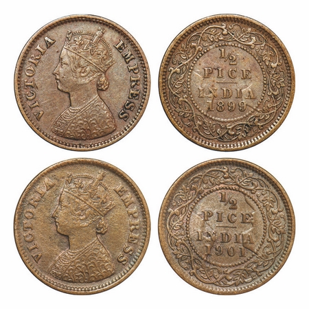 Victoria Empress, Copper, ½ Pice (2 coins), 1) 1899 Calcutta Mint, A/I, No mint mark 2) 19