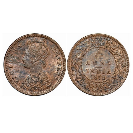 Victoria Empress, Copper, 1/12 Anna, 1878, Calcutta Mint, Obv. B, No Mint Mark, Die Flaw o