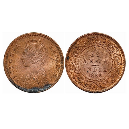 Victoria Empress, Copper, 1/12 Anna, 1886, Calcutta Mint, Obv B, 'C' incused. GK 902. Unci
