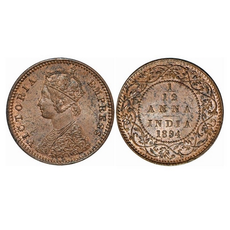 Victoria Empress, Copper, 1/12 Anna, 1894, Calcutta Mint, Obv. B, No Mint Mark. GK 915. Un