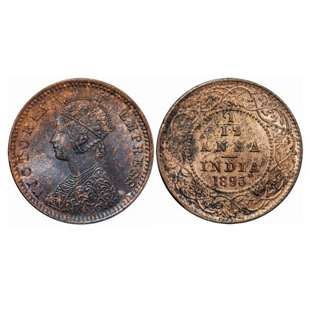Victoria Empress, Copper, 1/12 Anna, 1895, Calcutta Mint, Obv. B, No Mint Mark, Die Cracks