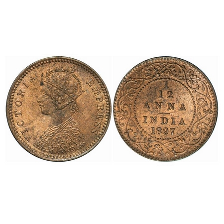 Victoria Empress, Copper, 1/12 Anna, 1897, Calcutta Mint, Obv. B, No Mint Mark. GK 918. Un