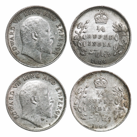 Edward VII, Silver, ¼ Rupee, (2 Coins), 1904, Calcutta Mint, No mint mark. GK 973(2). Extr