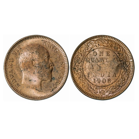 Edward VII, Copper, Quarter Anna, 1906, Calcutta Mint, No Mint Mark, Die Cracks on Rev. GK