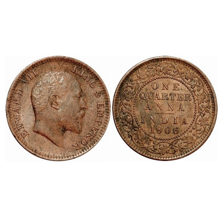 Edward VII, Copper, 6.57g, Quarter Anna, 1906, Calcutta Mint, No Mint Mark, Letters of 'Em