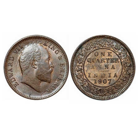 Edward VII, Bronze, Quarter Anna, 1907, Calcutta Mint, No Mint Mark, Multiple Die Cracks o