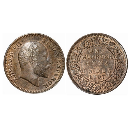 Edward VII, Bronze, Quarter Anna, 1907, Calcutta Mint, No Mint Mark, Ghost on Rev. GK 999.