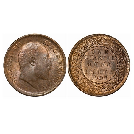 Edward VII, Bronze, Quarter Anna, 1908, Calcutta Mint, No mint mark. GK 1000. Brilliant Un
