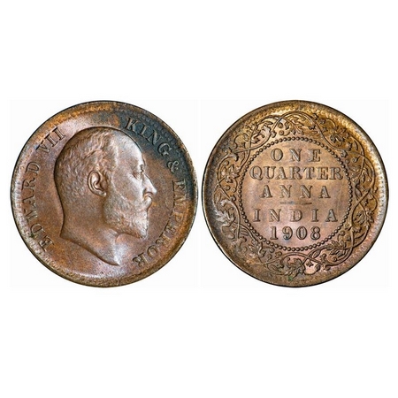 Edward VII, Bronze, Quarter Anna, 1908, Calcutta Mint, No Mint Mark. GK 1000. Uncirculated