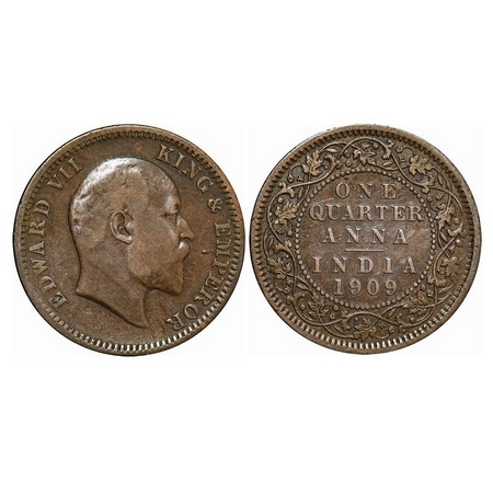 Edward VII, Bronze, Quarter Anna, 1909, Calcutta Mint, No mint mark. GK 1001. About Extrem