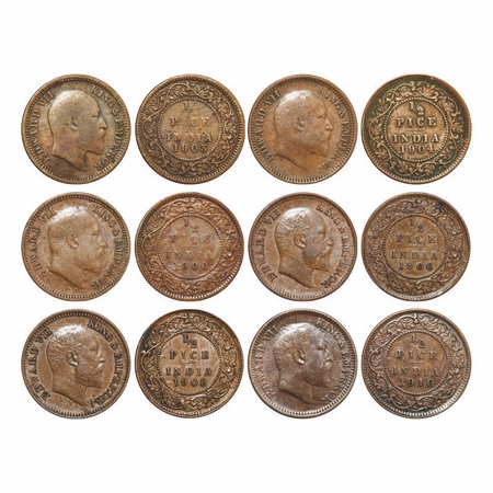 Edward VII, Mix Metal, ½ Pice (6 coins), Calcutta Mint, No mint mark, 1) 1903 Copper 2) 19