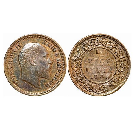 Edward VII, Copper ½ Pice, 1906, Calcutta Mint (3.12gm), No mint mark. GK 1006. Extremely 