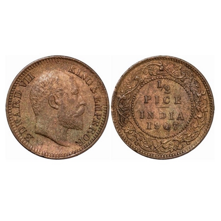 Edward VII, Bronze, ½ Pice, 1907, Calcutta Mint, No Mint Mark, Ghost of Rev. GK 1008. Unci